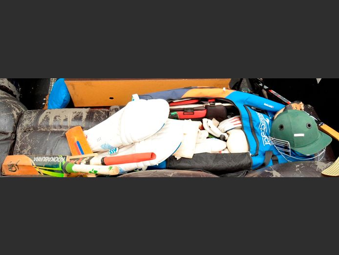 SLAZENGER CRICKET BAG WITH KIT, ICE HOCKEY STICK, etc