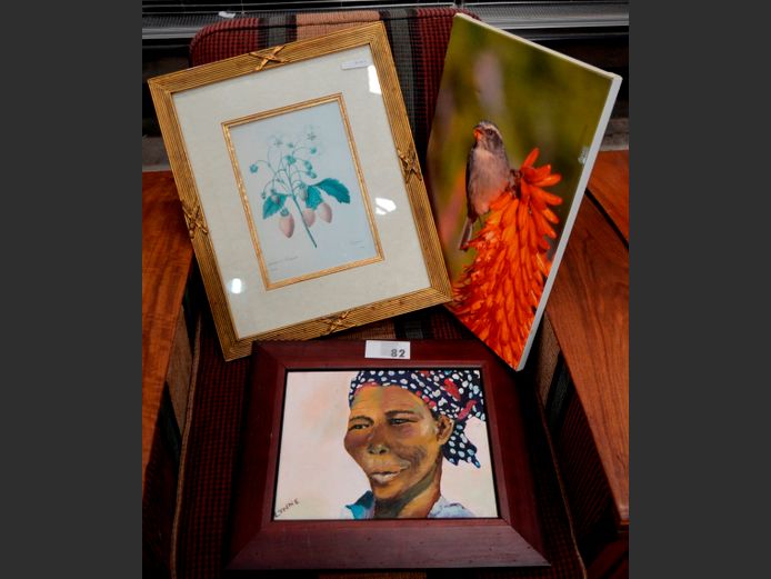 FRAMED OIL ON CANVAS "AFRICAN LADY", 29 x 22cm, GILT FRAMED BOTANICAL PRINT, 26 x 18cm, etc