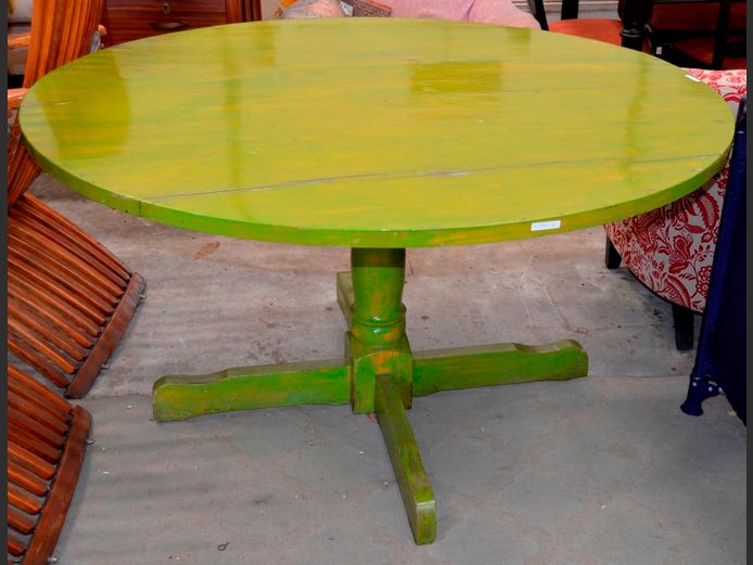 PINE UNDER GREEN PAINT CIRCULAR DINING TABLE