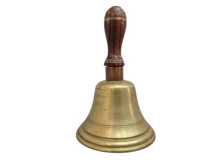 Vintage Solid Brass School Handbell with Wooden Handle