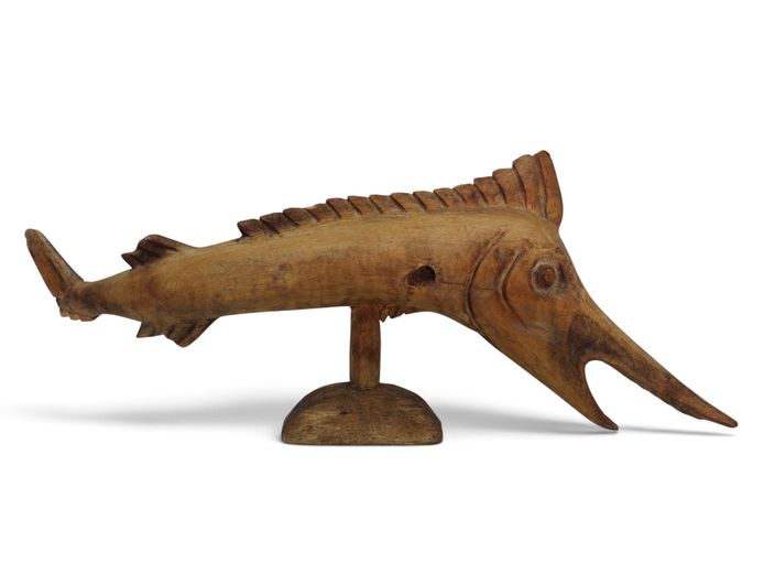 Hand-Carved Wooden Swordfish Sculpture on Stand