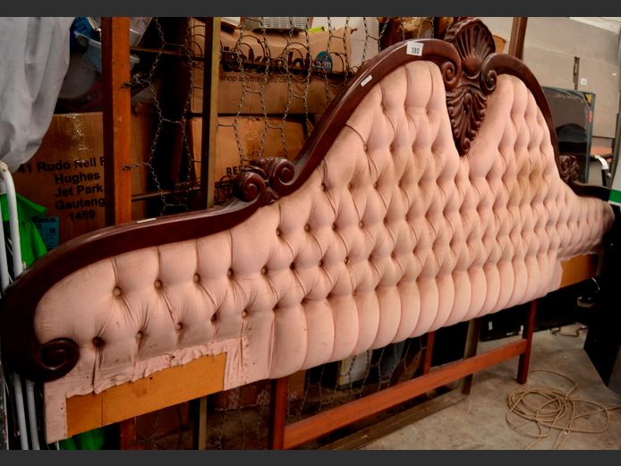 IMBUIA & PINK UPHOLSTERED HEADBOARD & 2 x DOUBLE BED BASE FRAMES