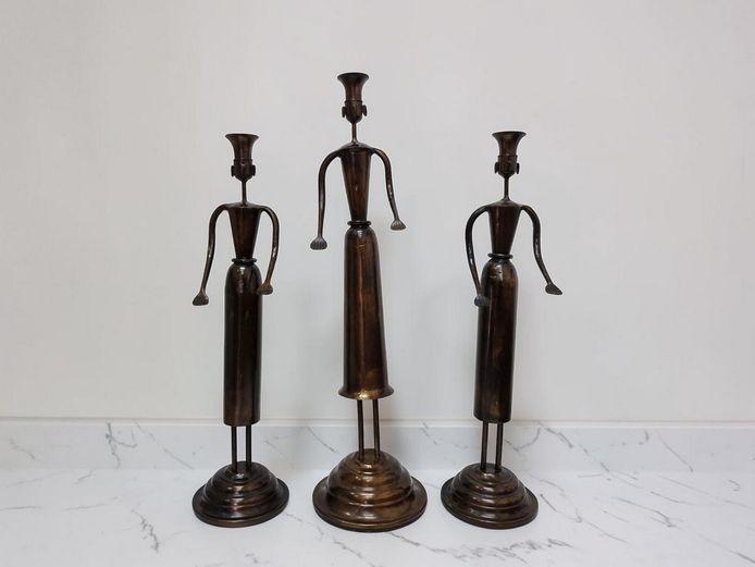 Set of 3 African-Inspired Bronze-Tone Figural Candlesticks