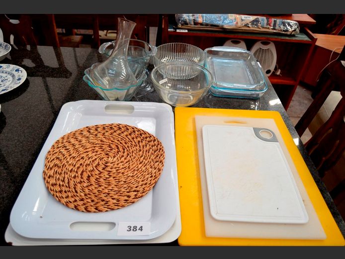 GLASS OVEN DISHES, CASSEROLES, CHOPPING BOARDS, etc