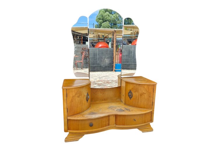 Art Deco Walnut Dressing Table Vanity with Triple Mirror