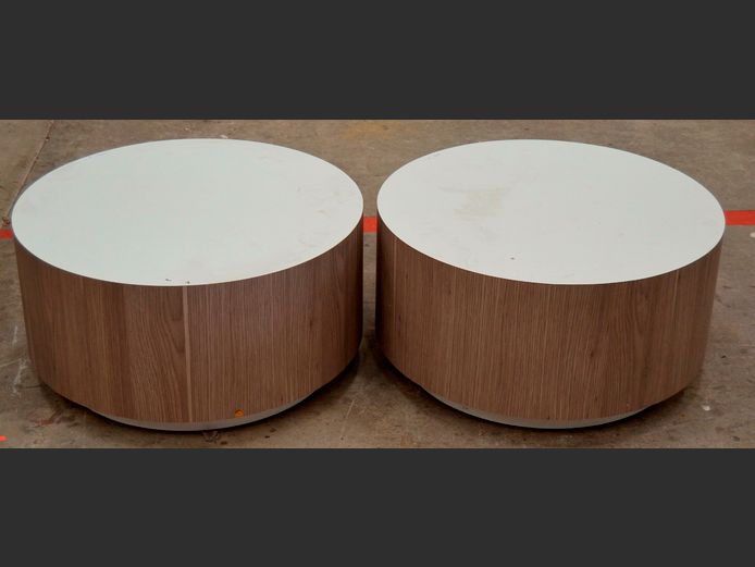 PAIR CIRCULAR OAK FOIL & WHITE SIDE TABLES, 60cm Diameter x 30cm High [Small hole to 1] [#: 408826576]