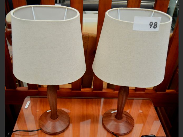 PAIR WOODEN BEDSIDE LAMPS WITH SHADES, 48cm High