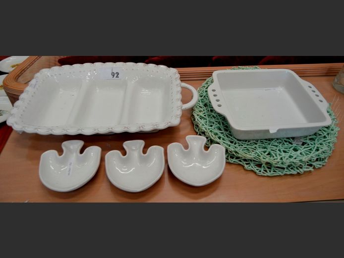 @HOME OVEN/SERVING DISH, WHITE CERAMIC SNACK PLATTER [1 Handle broken], etc