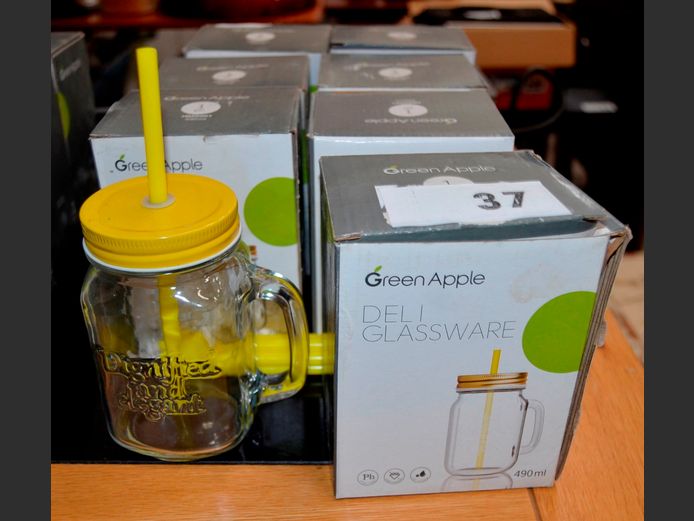 LOT OF 7: GREEN APPLE GLASS JARS WITH STRAWS