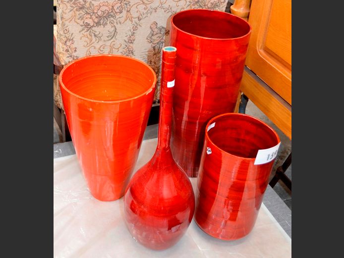 LOT OF 4: PAINTED BAMBOO VASES