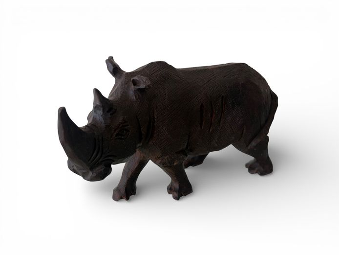 Hand-Carved Wooden Rhino Sculpture