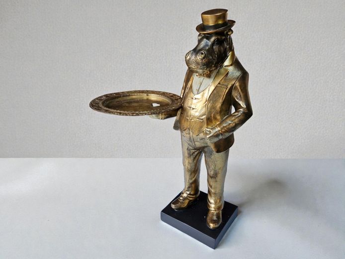 Dapper Hippo Butler Figurine with Brass Serving Tray