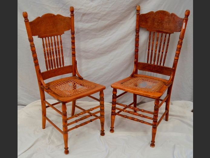 PAIR COTTONWOOD SPINDLE BACK CHAIRS WITH RATTAN SEATS [Rattan needs replacing]