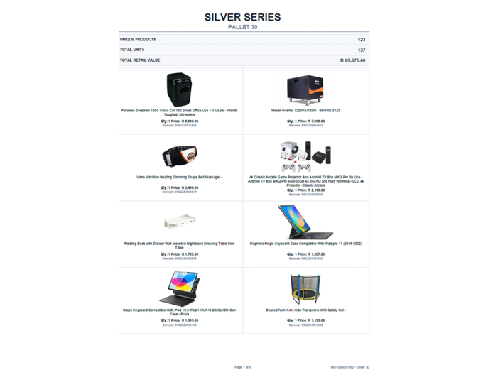 SILVER PALLET OF STOCK (NOT TESTED) TOTAL RETAIL VALUE: R 69,075.00 STC