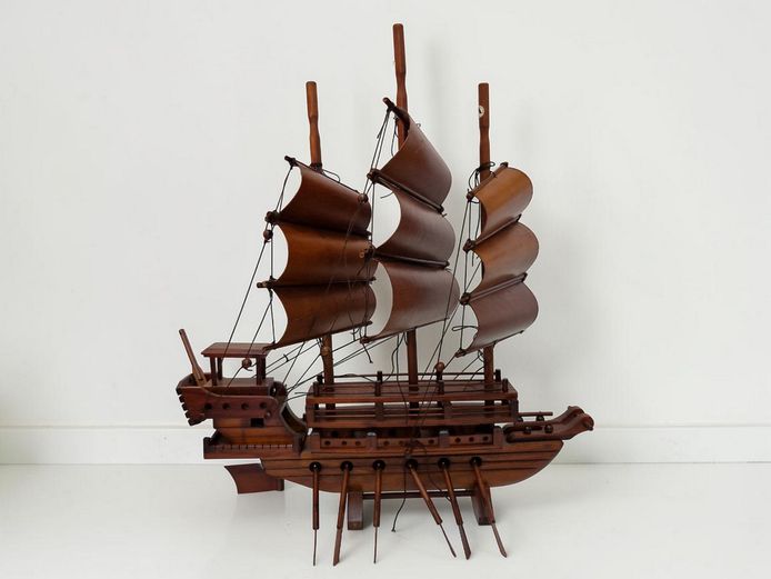 Vintage Handcrafted Wooden Junk Model Ship with Oars & Batten Sails