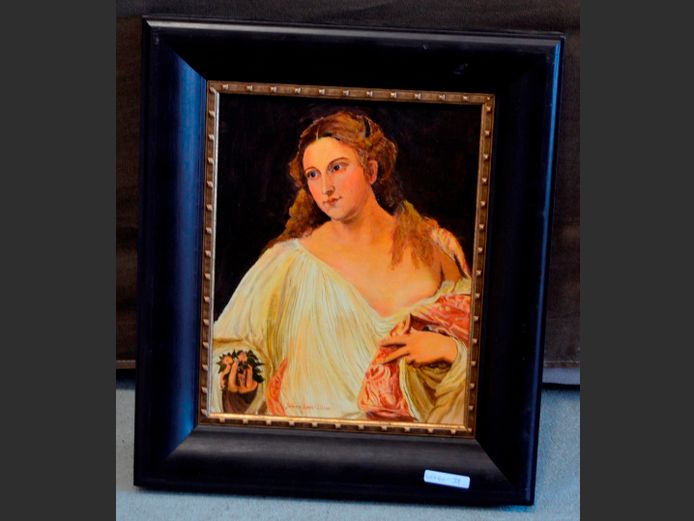 FRAMED OIL ON BOARD "PORTRAIT OF A LADY" SIGNED JANSEN APRES-TITIAN, 33 x 26cm