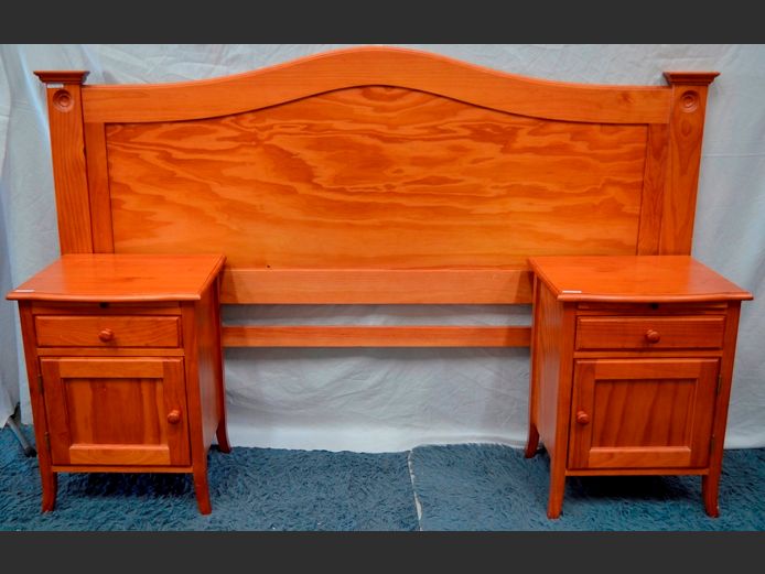 PINE KING SIZE HEADBOARD WITH PAIR MATCHING BEDSIDE PEDESTALS, 50 x 40 x 65cm