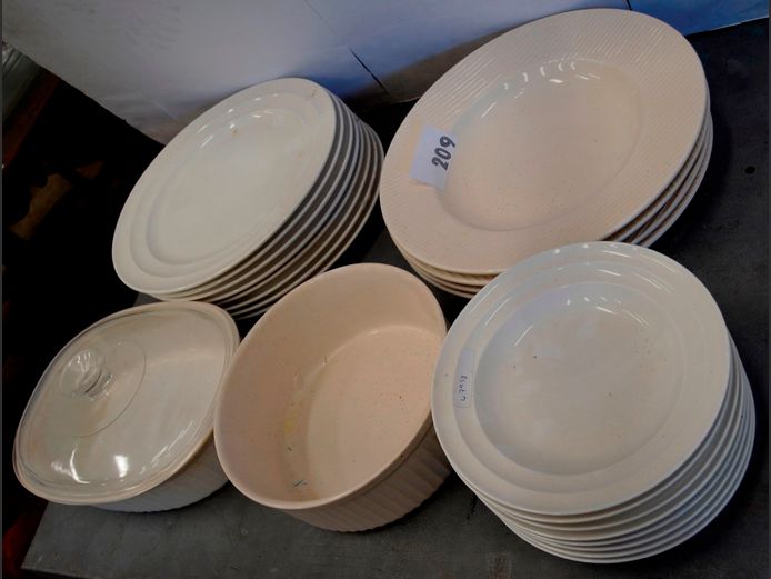 CORNINGWARE CASSEROLE WITH LID, DINNER PLATES, etc