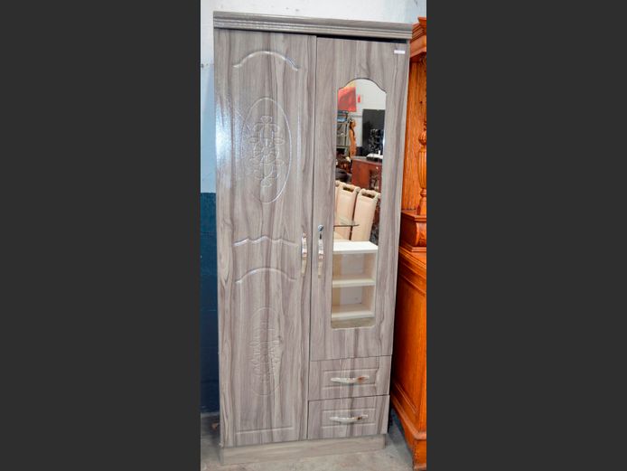 GREY MELAMINE 2-DOOR, 2-DRAWER WARDROBE WITH MIRROR, 80 x 43 x 195cm