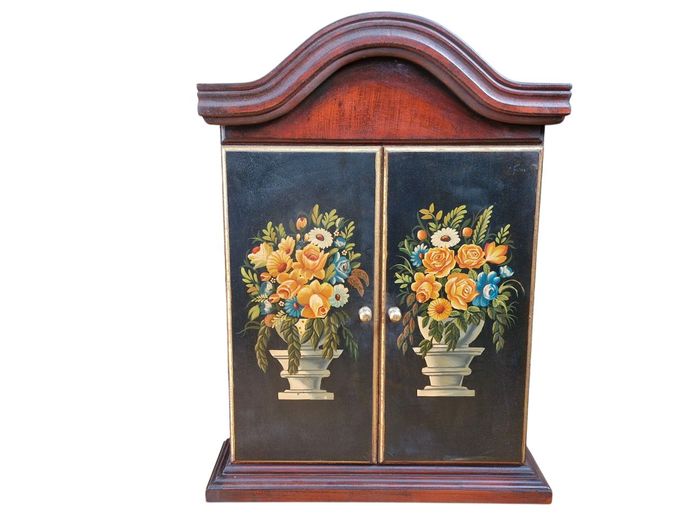 Vintage Solid Wood Wall Cabinet with Floral Design