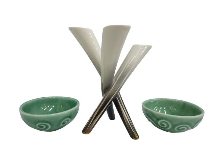 Mid-Century Style Sculptural Vase & Celadon Glazed Bowls Set