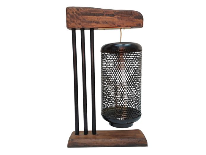 Mid-Century Modern Brutalist Style Table Lamp in Timber & Perforated Metal
