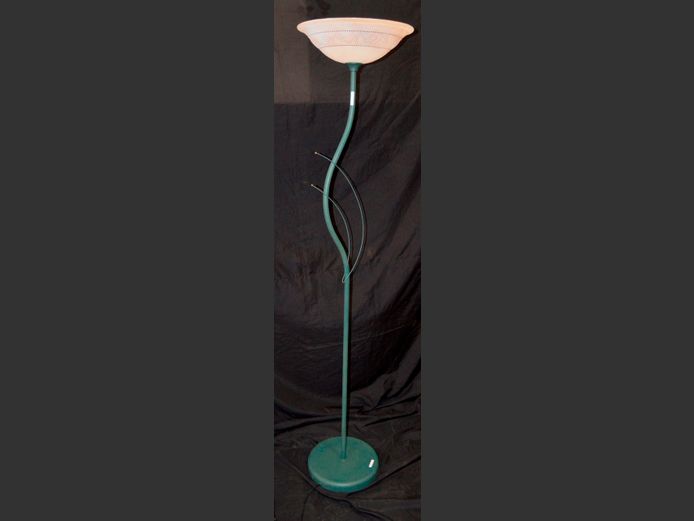 GREEN METAL UPLIGHTER WITH GLASS SHADE, 178cm High