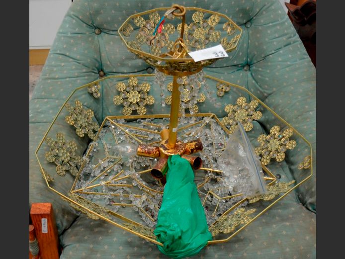 BRASS & CUT GLASS CHANDELIER, 65cm Diameter x 42cm High [Tarnished]