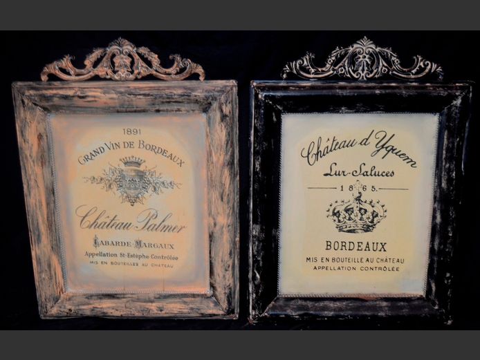 PAIR METAL FRAMED VINTAGE STYLE "BORDEAUX" & "CHATEAU PALMER" SIGNS, 50 x 40cm