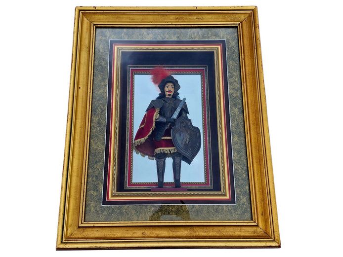 Antique Knight Orlando Sicilian Puppet in Large Mirrored Shadow Box