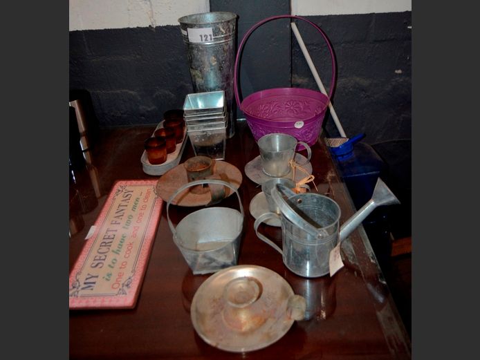 GALVANISED METAL: VASE, MINI PLANTERS, ORNAMENTAL WATERING CAN, CANDLE HOLDERS, etc