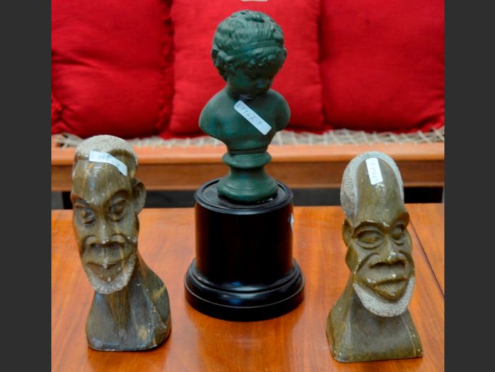 PAIR SOAPSTONE BUSTS OF AFRICAN MEN & A CUPID BUST, 32cm High, 20cm High & 22cm High