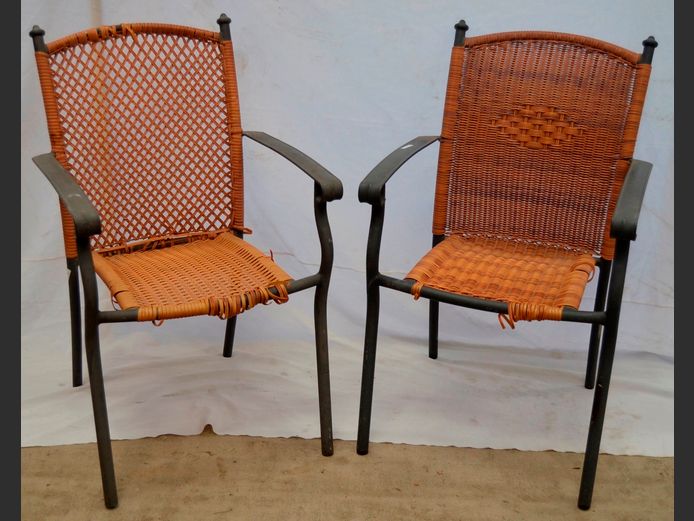 PAIR ALL WEATHER RATTAN PATIO ARMCHAIRS [Rattan needs replacing]