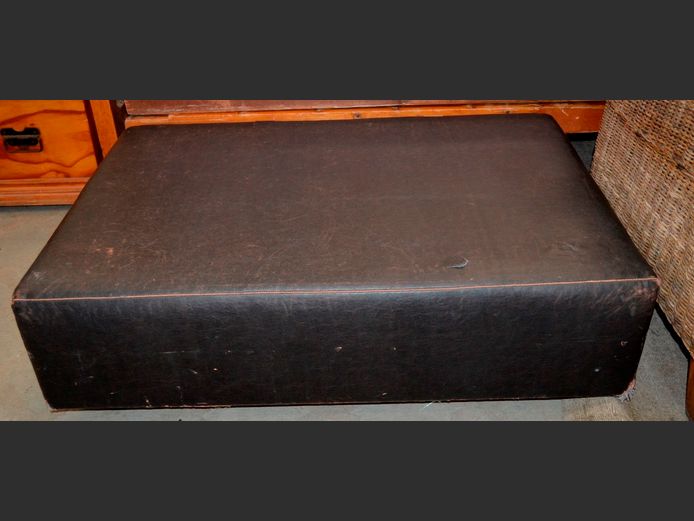 BROWN LEATHER TOUCH OTTOMAN, 101 x 71 x 30cm [Torn in places]