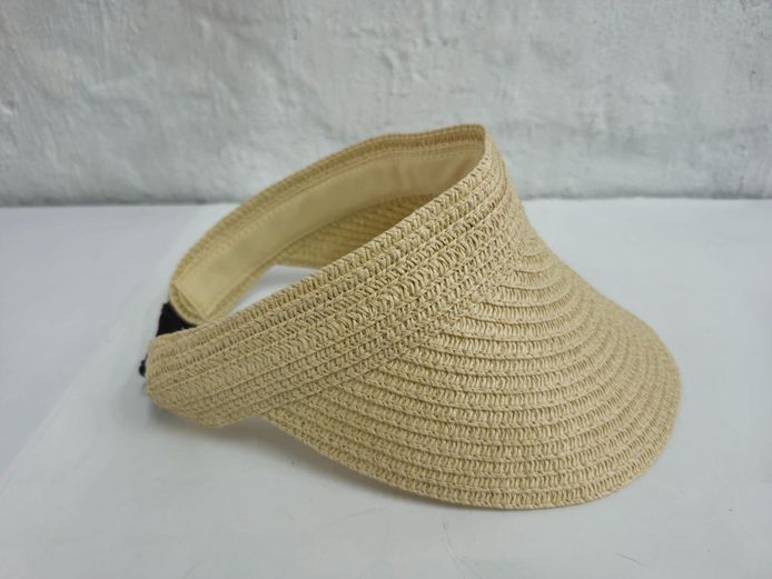 Woven Straw Sun Visor - Beige with Elastic Back 