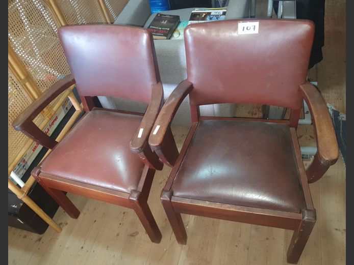PAIR TEAK & BROWN LEATHER TOUCH UPHOLSTERED ARMCHAIRS