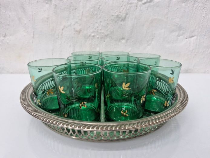 Vintage 1970s French Luminarc Green & Gold Shot Glasses & Silver-Plated Serving Tray Set