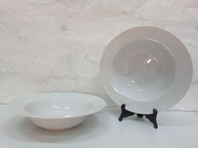 Pair of Minimalist White Ceramic Wide-Rim Pasta and Soup Bowls