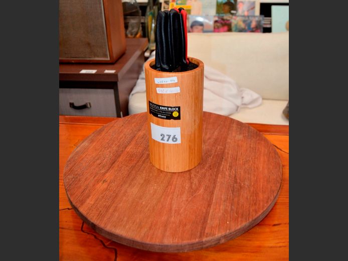 VICTORINOX KNIVES IN KNIFE BLOCK, 12cm Diameter x 22cm High, & A LAZY SUSAN, 49cm Diameter