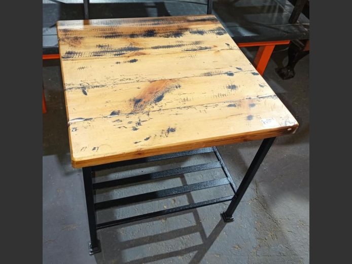 OREGON PINE TOP & METAL BASE SIDE TABLE WITH BOTTOM SHELF, 55 x 55 x 55cm