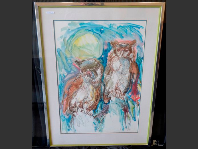 FRAMED MIXED MEDIA "OWLS" SIGNED RENE ELOFF, 82 x 57.5cm