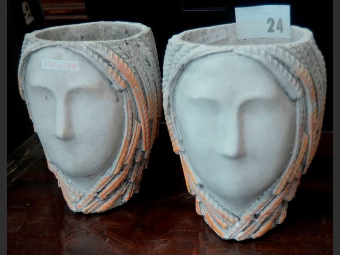 PAIR CONCRETE "ELEGANT LADY" PLANTERS, 17cm Diameter x 23cm High