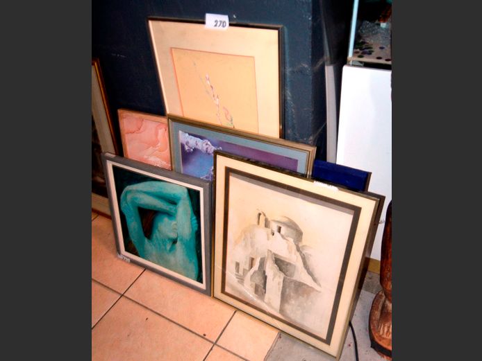 FRAMED ABSTRACT OIL ON CANVAS, FRAMED WATERCOLOURS, etc