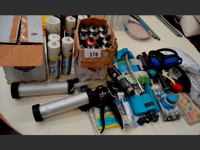 LOT: SPRAY PAINT, SILICONE, SPRINKLER, WELDING GLOVES, etc