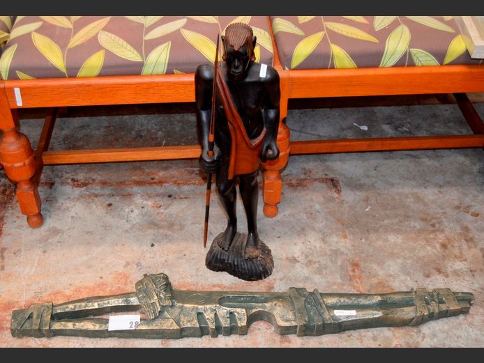 CARVED AFRICAN FIGURINE, 65cm High, & WALL ART, 109cm Long