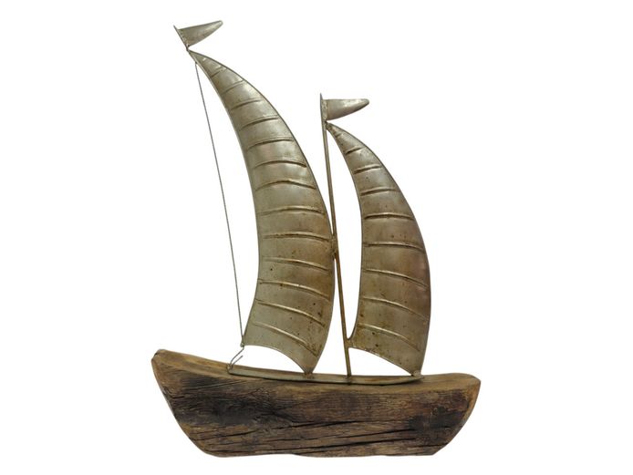 Decorative Wooden and Metal Two-Mast Model Sailboat Sculpture