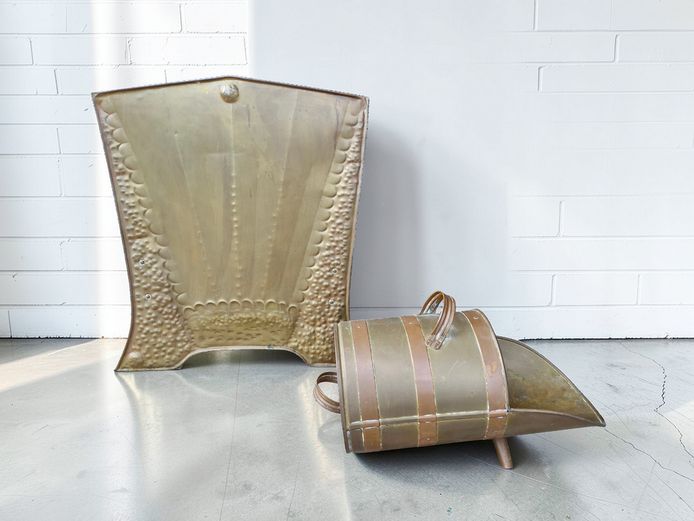 Vintage Brass & Copper Fireside Set: Coal Scuttle & Fire Screen
