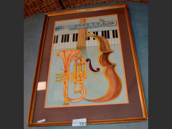 GILT FRAMED WATERCOLOUR "MUSICAL INSTRUMENTS", 66 x 43cm
