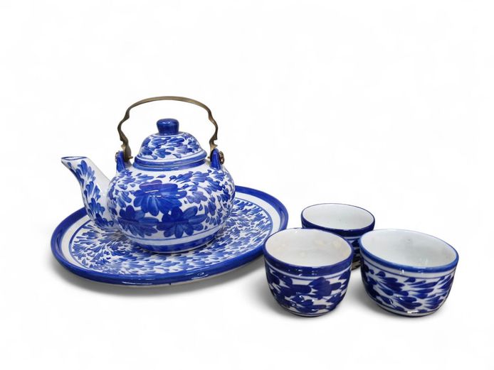 Blue & White Ceramic Teapot Set with Brass Handle