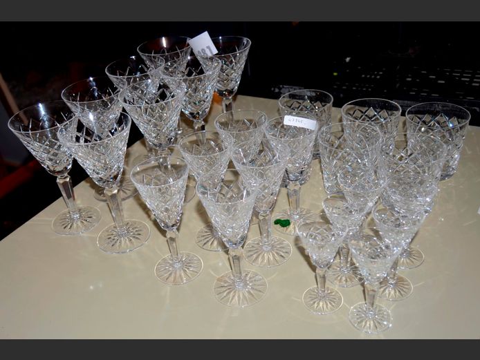 WATERFORD CRYSTAL: SET OF 8 WINE GLASSES, SET OF 6 SHERRY GLASSES, SET OF 6 WHISKY TUMBLERS & SET OF 6 PORT GLASSES